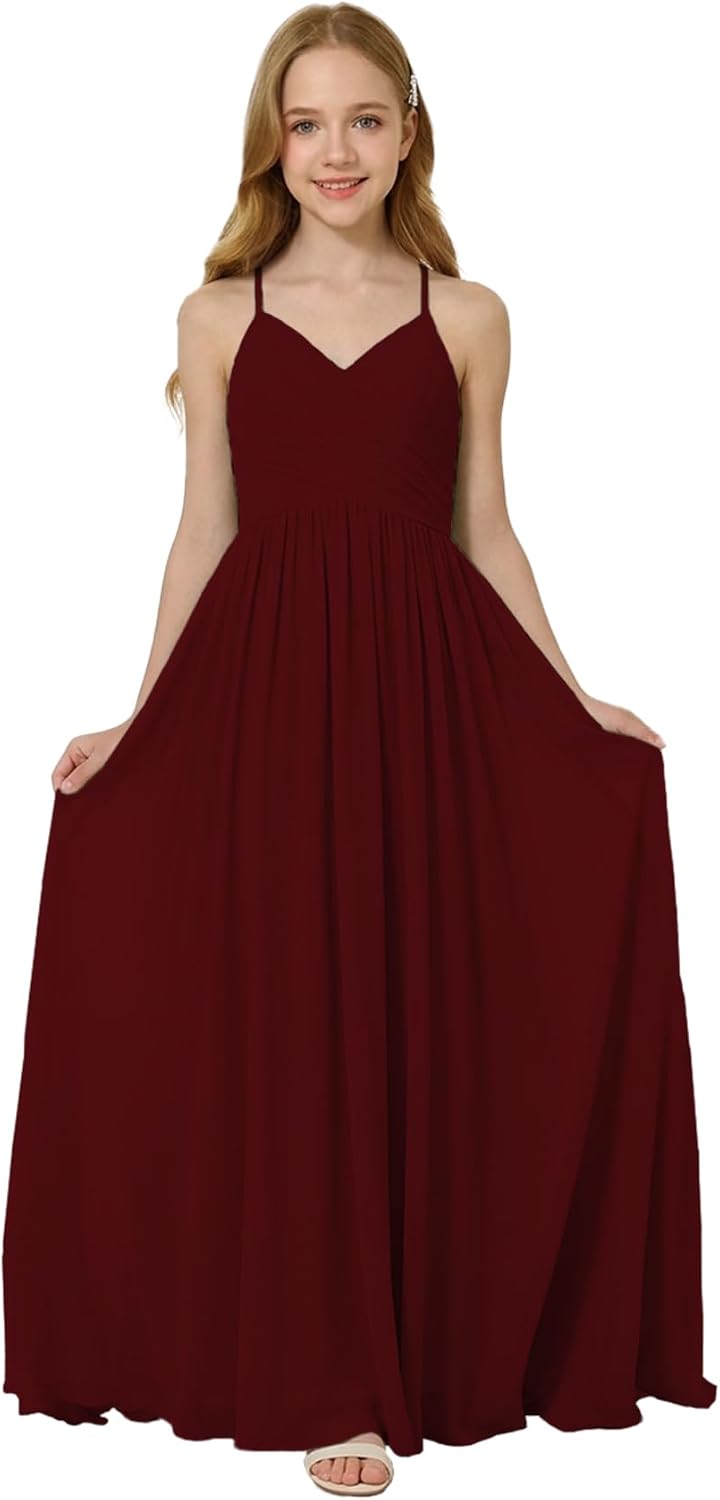 Oittuye Girls Halter Formal Dress V Neck Ruched Junior Bridesmaid Dress Floor Length Chiffon Wedding Guest Maxi Gown