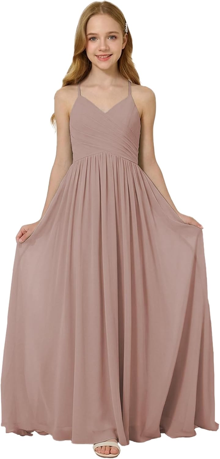Oittuye Girls Halter Formal Dress V Neck Ruched Junior Bridesmaid Dress Floor Length Chiffon Wedding Guest Maxi Gown