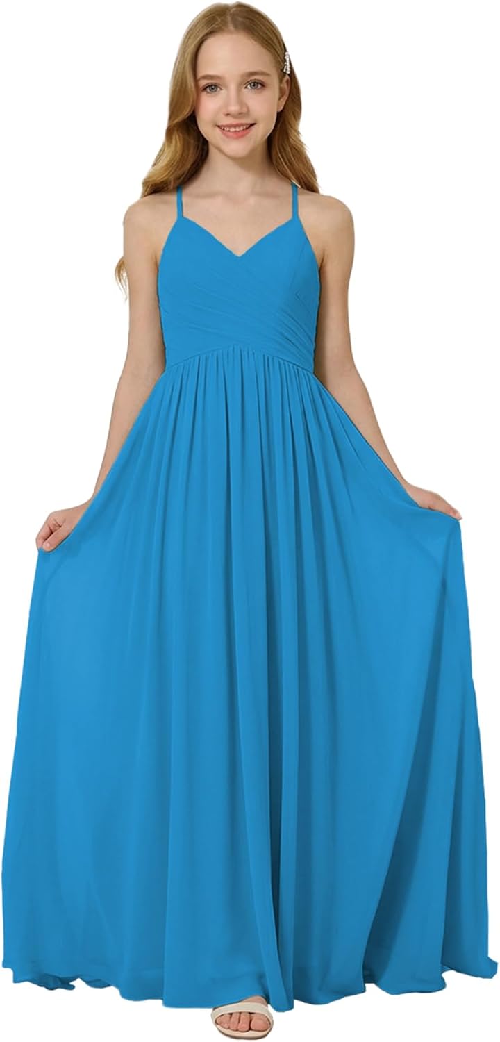 Oittuye Girls Halter Formal Dress V Neck Ruched Junior Bridesmaid Dress Floor Length Chiffon Wedding Guest Maxi Gown