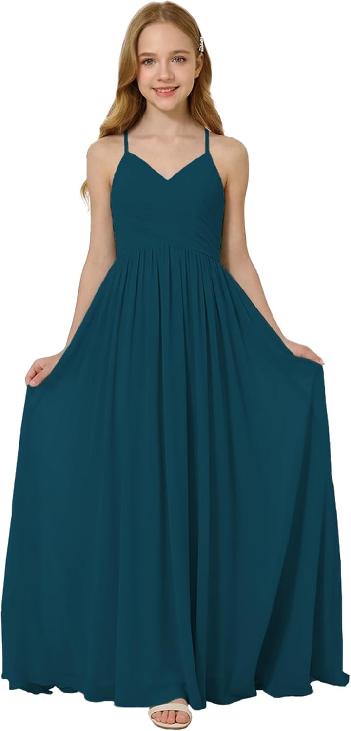Oittuye Girls Halter Formal Dress V Neck Ruched Junior Bridesmaid Dress Floor Length Chiffon Wedding Guest Maxi Gown