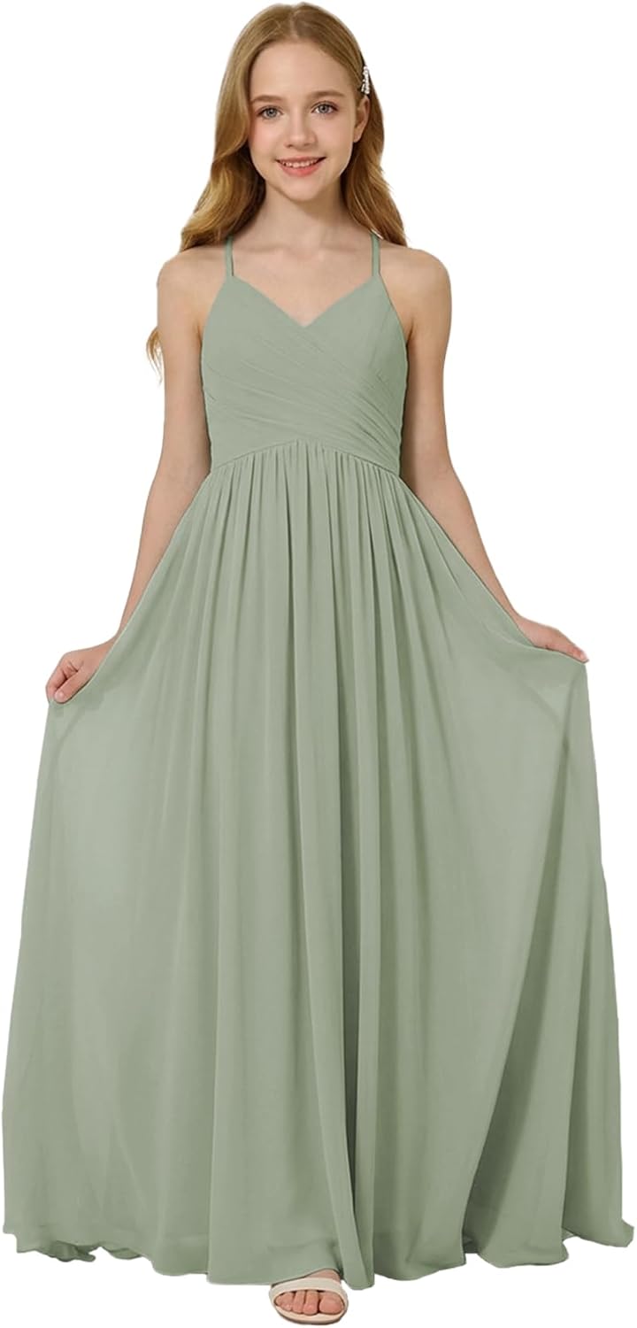 Oittuye Girls Halter Formal Dress V Neck Ruched Junior Bridesmaid Dress Floor Length Chiffon Wedding Guest Maxi Gown