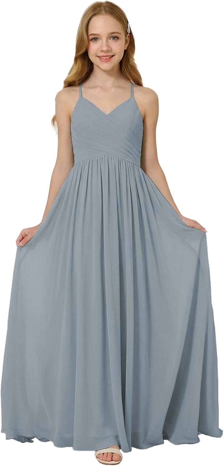 Oittuye Girls Halter Formal Dress V Neck Ruched Junior Bridesmaid Dress Floor Length Chiffon Wedding Guest Maxi Gown