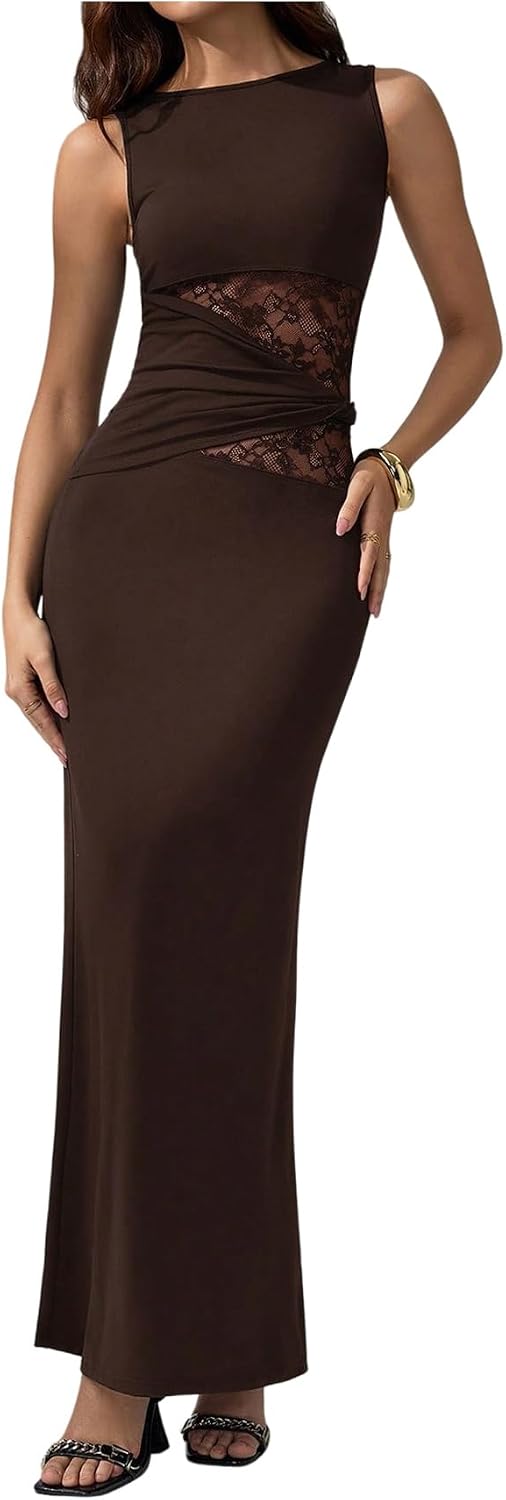 GORGLITTER Women's Lace Birthday Prom Cocktail Evening Gown Maxi Dresses | Cinched Waisted Long Dress, Formal Going Out Dress, Y2k Festival Goth Outfits