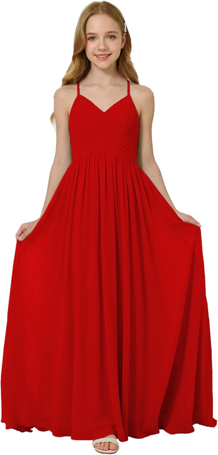 Oittuye Girls Halter Formal Dress V Neck Ruched Junior Bridesmaid Dress Floor Length Chiffon Wedding Guest Maxi Gown