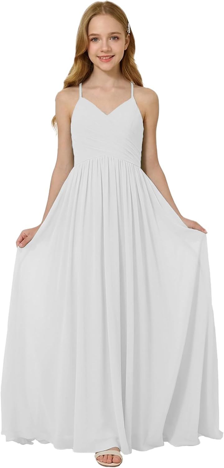 Oittuye Girls Halter Formal Dress V Neck Ruched Junior Bridesmaid Dress Floor Length Chiffon Wedding Guest Maxi Gown