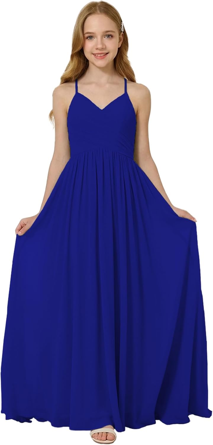 Oittuye Girls Halter Formal Dress V Neck Ruched Junior Bridesmaid Dress Floor Length Chiffon Wedding Guest Maxi Gown