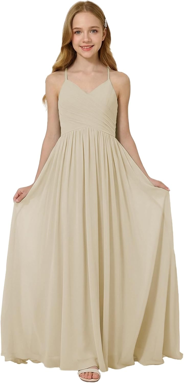 Oittuye Girls Halter Formal Dress V Neck Ruched Junior Bridesmaid Dress Floor Length Chiffon Wedding Guest Maxi Gown