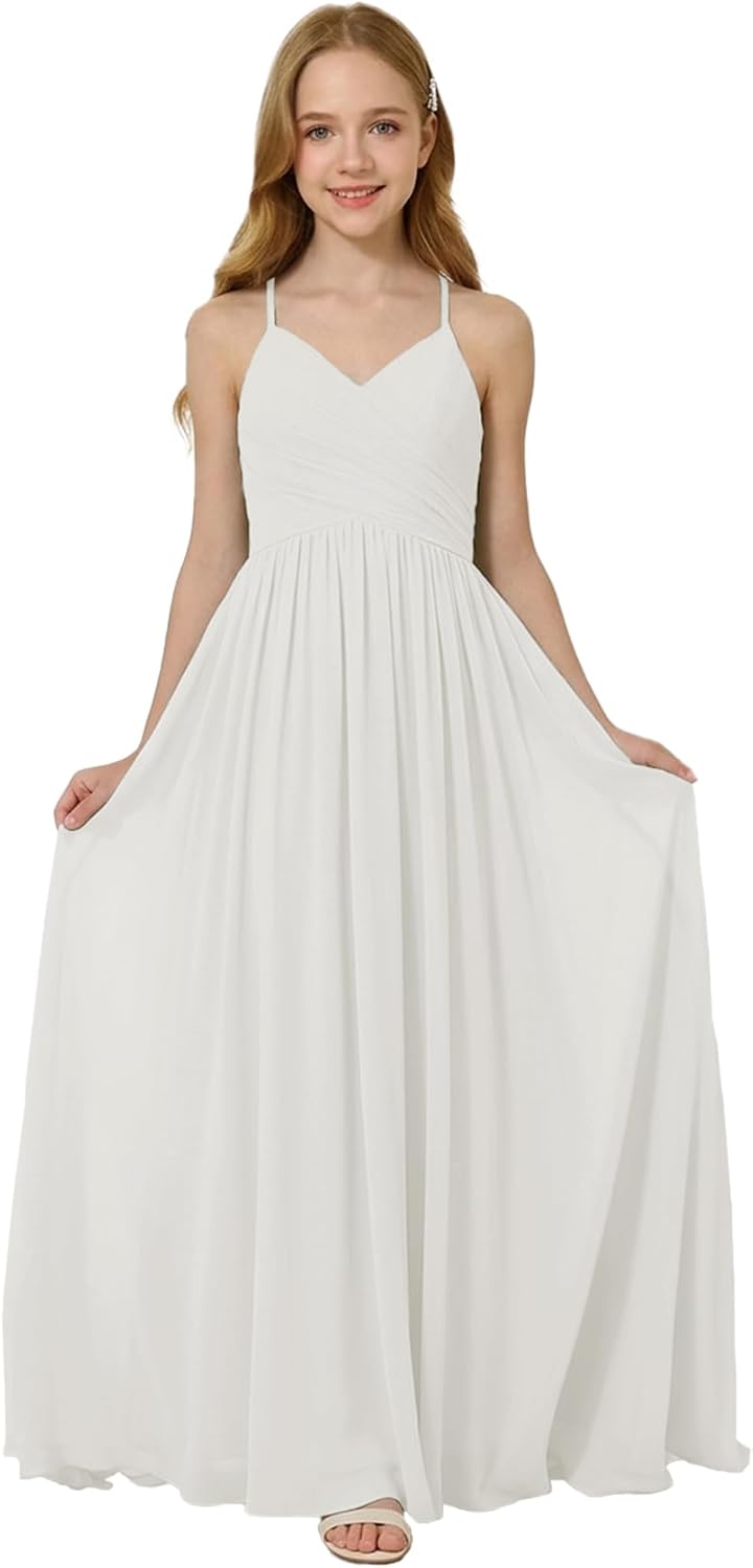 Oittuye Girls Halter Formal Dress V Neck Ruched Junior Bridesmaid Dress Floor Length Chiffon Wedding Guest Maxi Gown