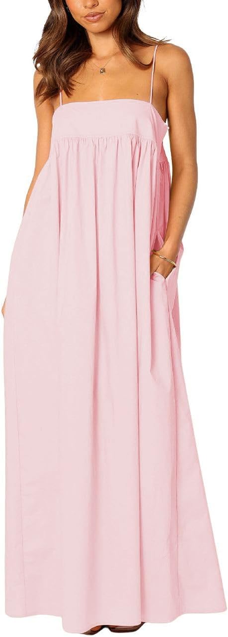 ebossy Women's Summer Backless Tied Spaghetti Straps Casual Loose Cutout Maxi Dress with Pockets