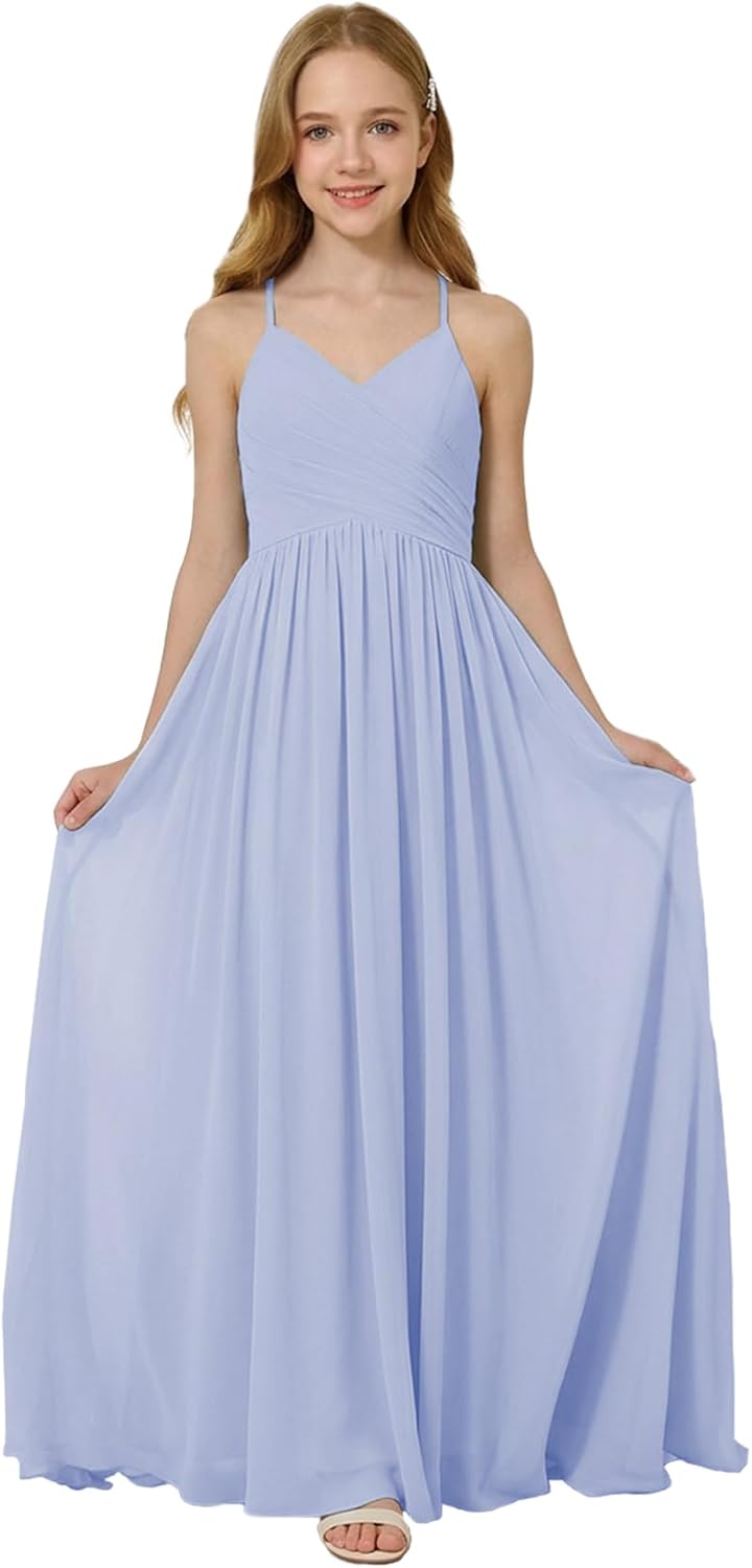 Oittuye Girls Halter Formal Dress V Neck Ruched Junior Bridesmaid Dress Floor Length Chiffon Wedding Guest Maxi Gown