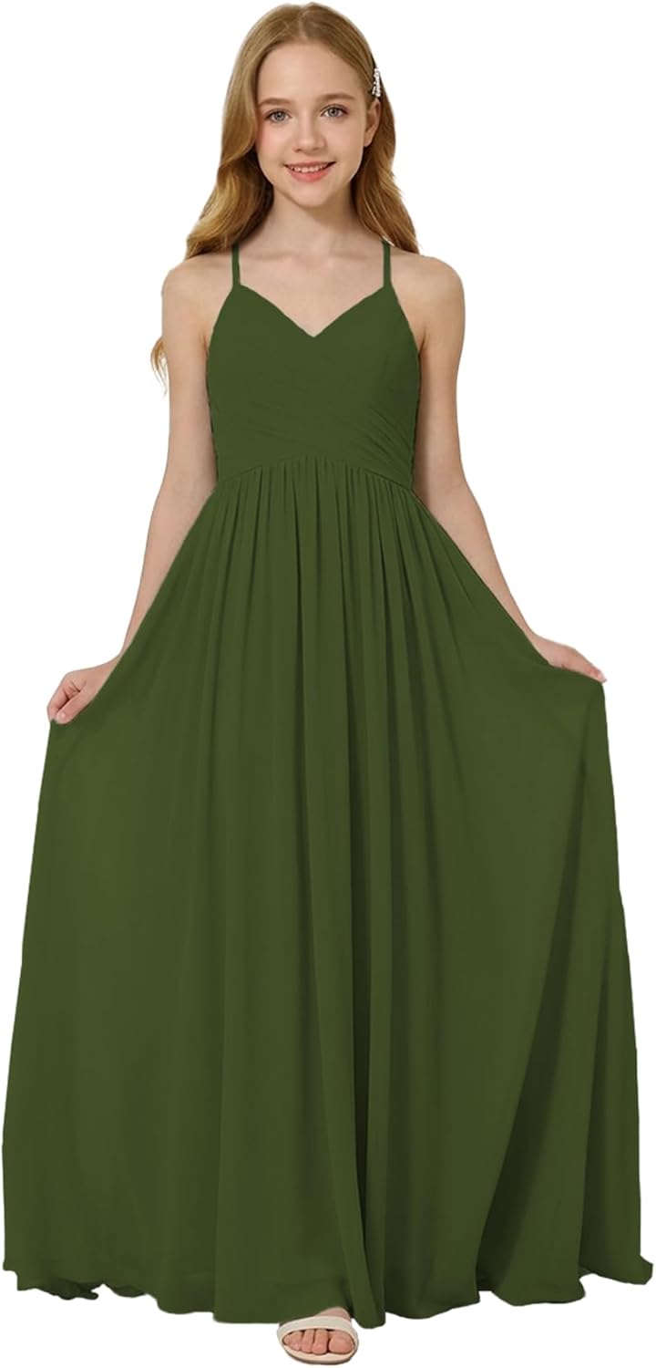 Oittuye Girls Halter Formal Dress V Neck Ruched Junior Bridesmaid Dress Floor Length Chiffon Wedding Guest Maxi Gown
