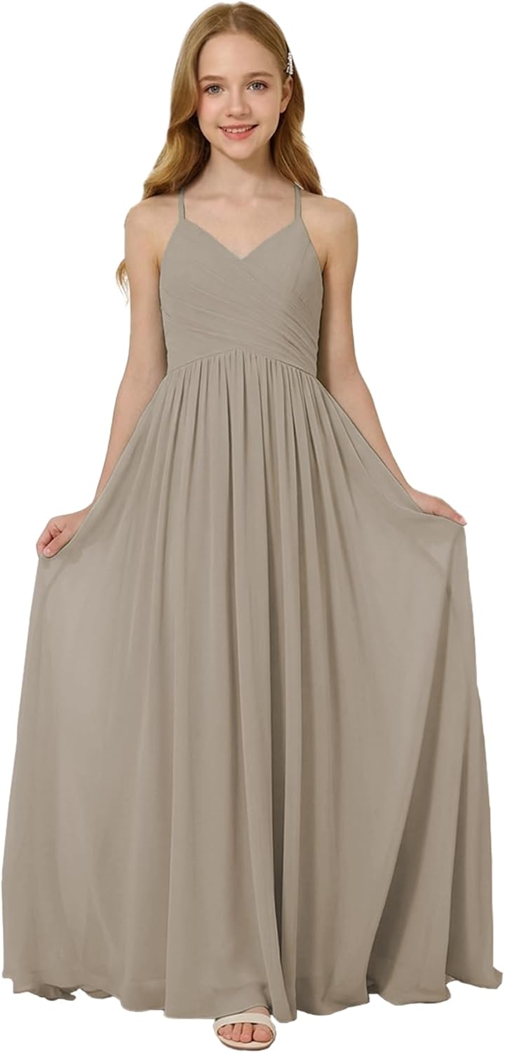 Oittuye Girls Halter Formal Dress V Neck Ruched Junior Bridesmaid Dress Floor Length Chiffon Wedding Guest Maxi Gown