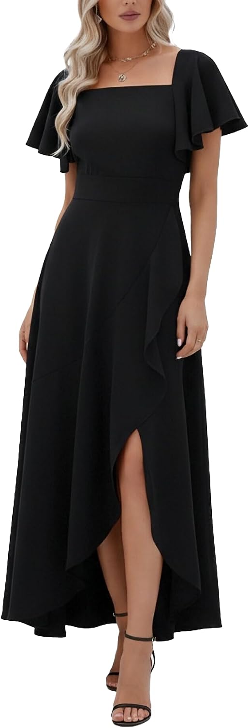 LightlyKiss Women's Square Neck Backless Midi Dress High Slit Wedding Guest Dress Formal Cocktail Party Dress
