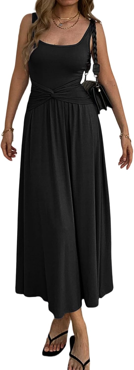 Mieazom Women's Summer Mock Knot Front Maxi Dress Sleeveless Square Neck Corset Ruched Waist Emipre Flowly Casual Dresses