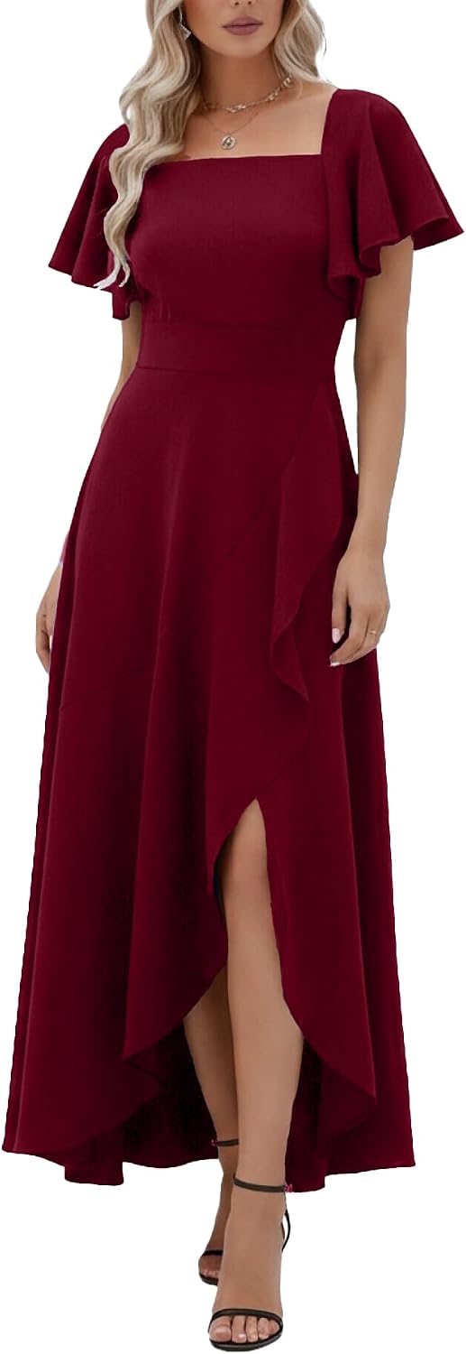 LightlyKiss Women's Square Neck Backless Midi Dress High Slit Wedding Guest Dress Formal Cocktail Party Dress