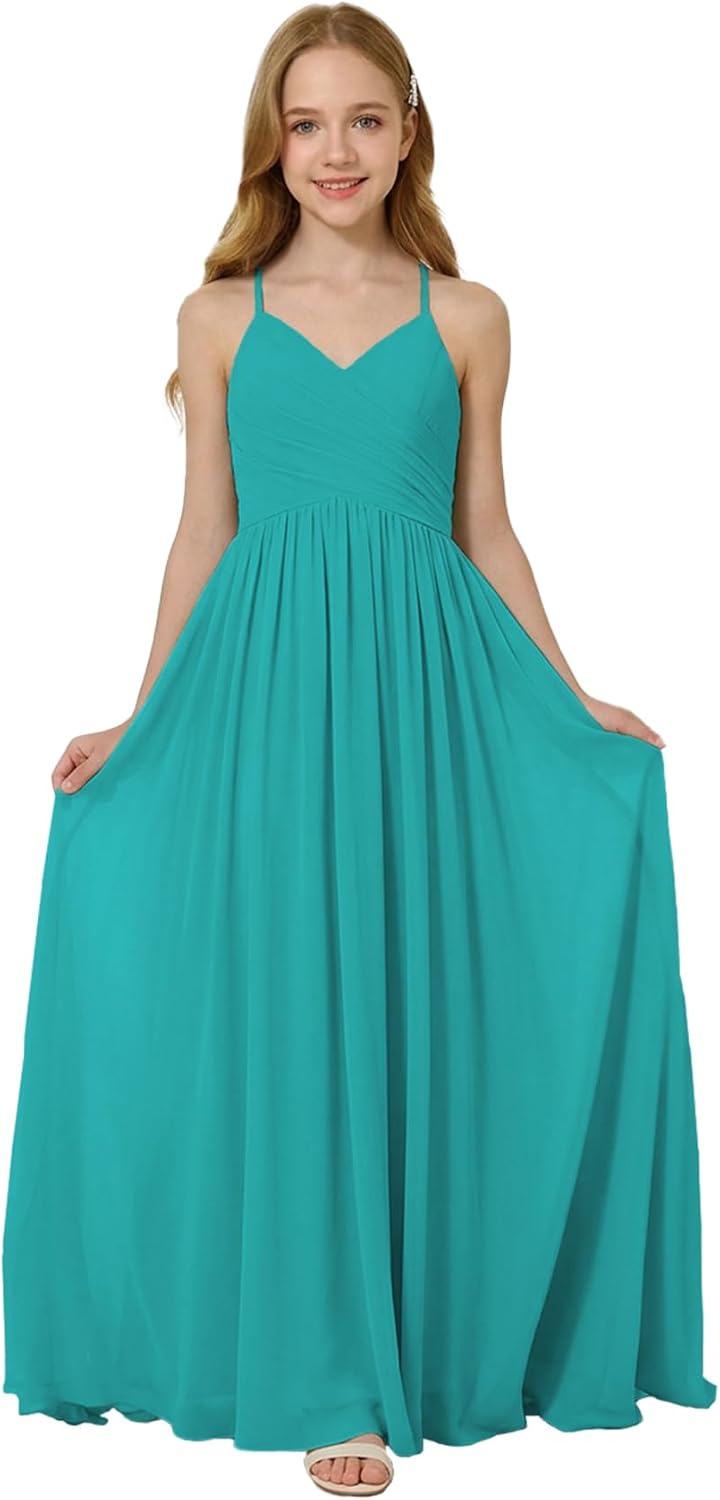 Oittuye Girls Halter Formal Dress V Neck Ruched Junior Bridesmaid Dress Floor Length Chiffon Wedding Guest Maxi Gown