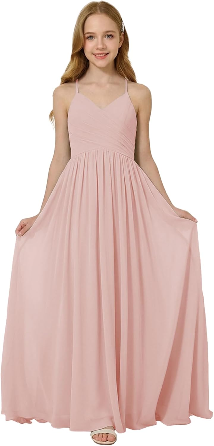 Oittuye Girls Halter Formal Dress V Neck Ruched Junior Bridesmaid Dress Floor Length Chiffon Wedding Guest Maxi Gown