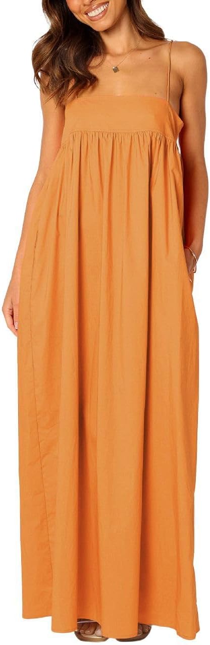 ebossy Women's Summer Backless Tied Spaghetti Straps Casual Loose Cutout Maxi Dress with Pockets