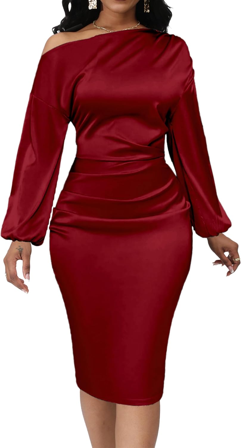 Yiershu Women's Fall Off Shoulder Bodycon Dress Elegant Long Sleeve | Formal Cocktail Party Midi Maxi Dresses for Women Weekend Holiday Club Wedding
