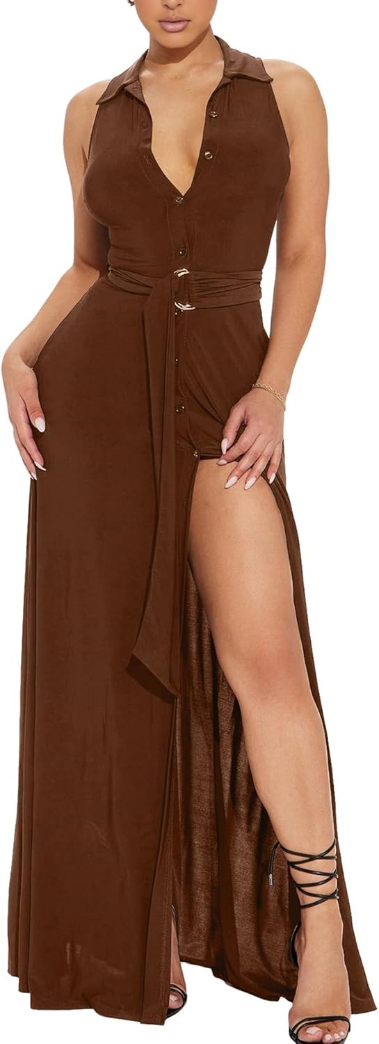 Ekaliy Women's Long Dresses Deep V Neck Cocktail Formal Party Maxi Dress | Collared V Neck Sleeveless Split Button down Belted Dress,Stretchy Bodycon Fit for Wedding Party Evening Events