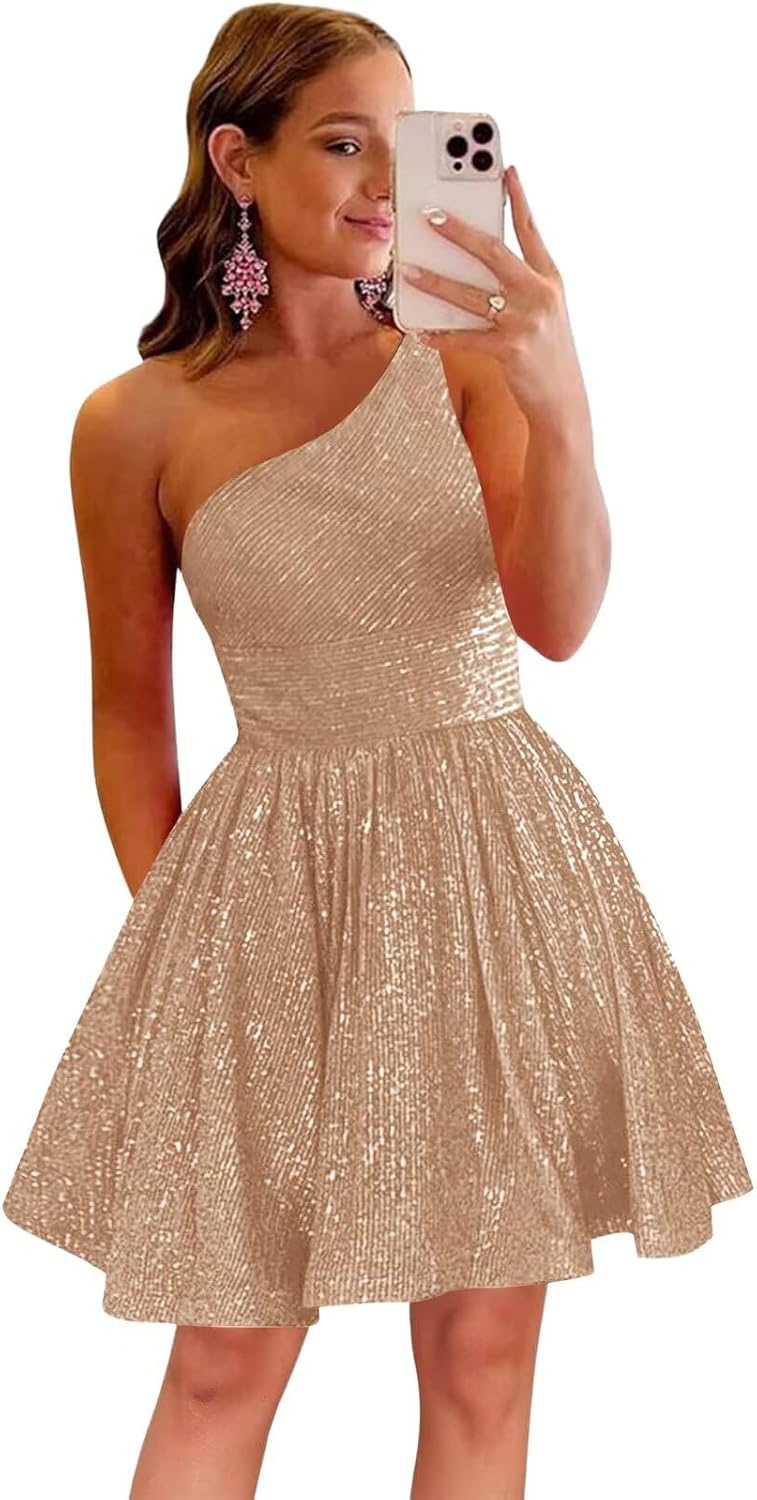 MstinGcc One Shoulder Sequin Sparkly Short Homecoming Dress for Teens 2026 | Glitter HOCO Dresses for Womens A-Line Prom Cocktail Party Dress Backless Sleeveless Corset Mini Gowns