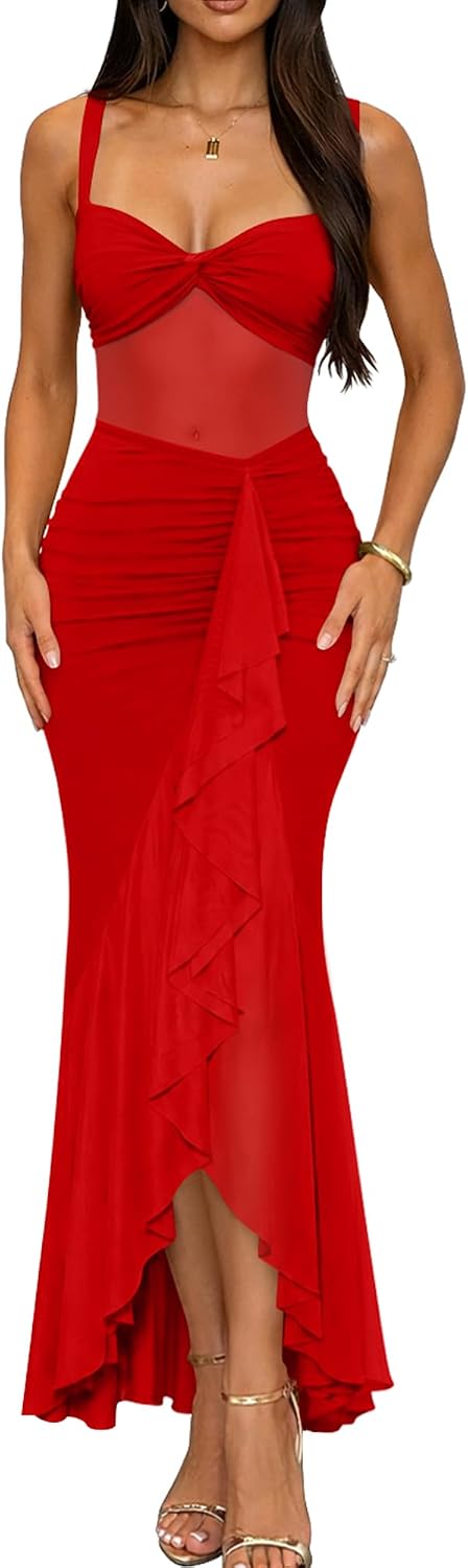 DAAWENXI Women's Sexy Mesh Sheer Ruched Ruffle Club Party Midi Dress | Square Neck,Date Night,Bodycon,See Through,Going Out,Sleeveless,Slim,Cocktail,Tank Dress,Women's Club Night Out Dress