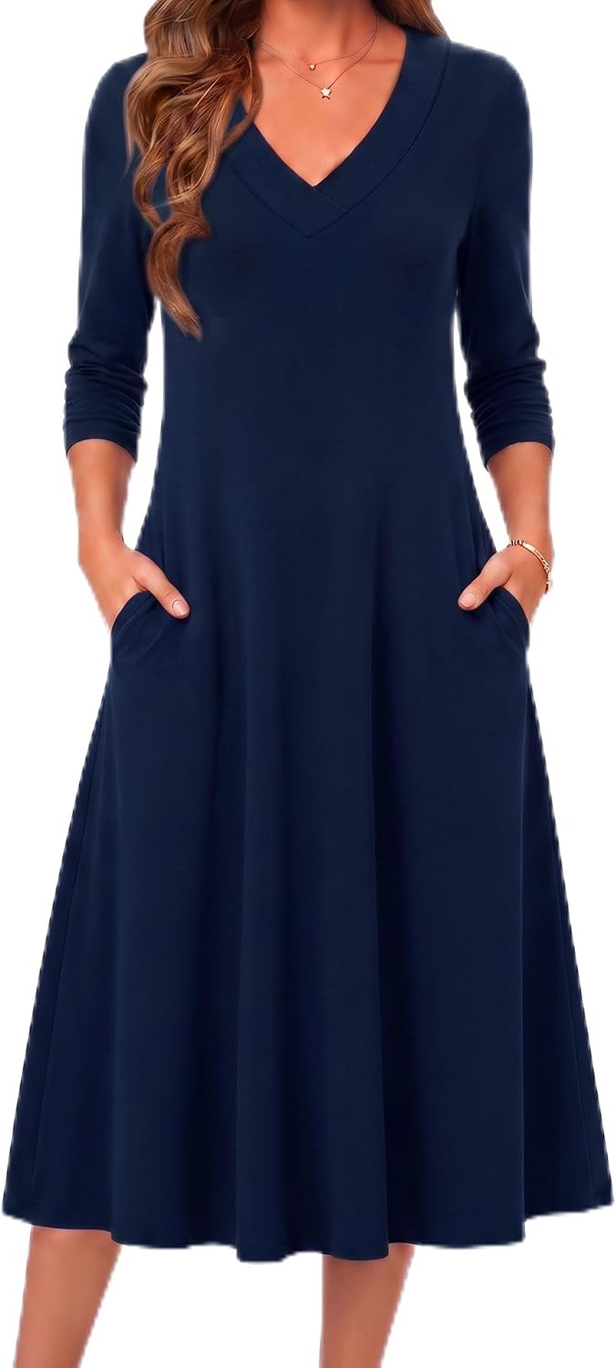 Zeagoo Dresses for Womens Long Sleeve Midi Dress Fall Casual A Line Dress | Fall Outfits 2026,V Neck Flare Dress with Pockets,Winter Long Dresses For Women,Floral Printed,Business Casual,Flowy Swing
