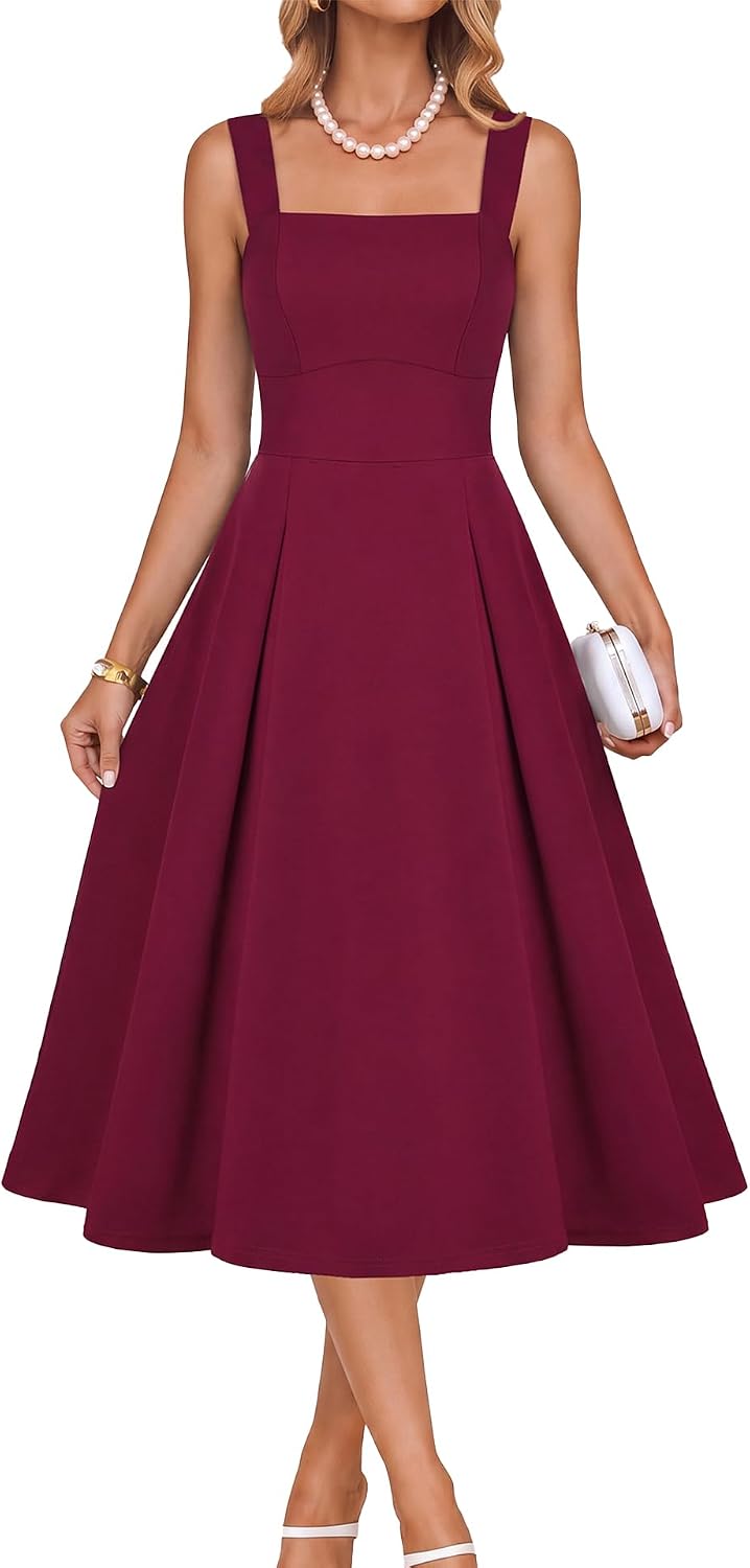 Belle Poque Womens Midi Dress Square Neck Wedding Guest Dresses | A Line, Pockets, Pleated, Fit and Flare, Semi Formal Elegant Dress for Cocktail, Party, Birthday, Date Night, Holiday