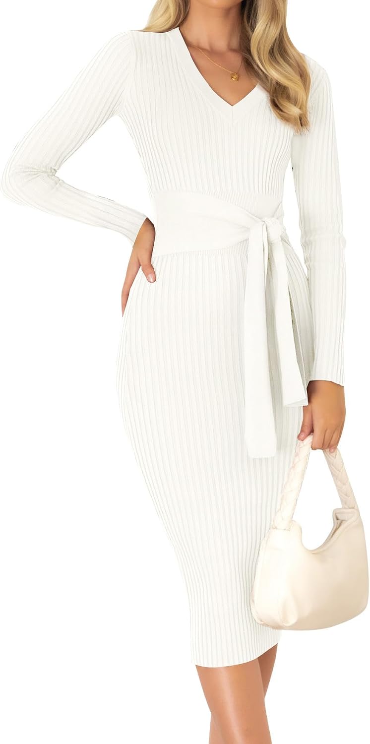 ZESICA Women's 2026 Fall Long Sleeve Bodycon Midi Sweater Dress | Winter Dresses, V Neck, Slimming, Ribbed Knit, Tie Waist, Classy, Holiday, Maternity, Elegant Wedding Guest Formal Dress
