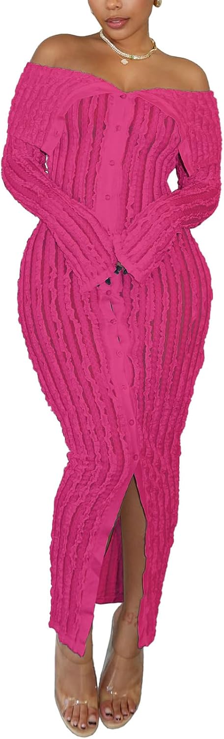 Sexy Button Down Dresses for Women Date Night Off Shoulder See Through Mesh Ruffle Bodycon Maxi Dress