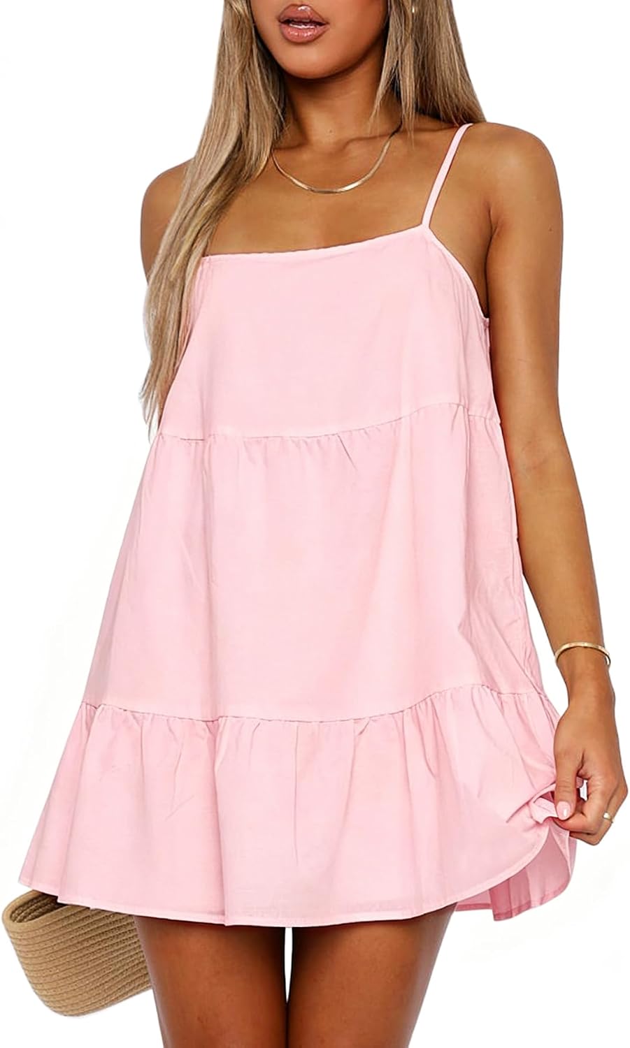 OZICERD Flowy Short Sundress Mini Babydoll Dresses for Women Going Out Tiered Ruffle Beach Spaghetti Strap Swing Dress Cute