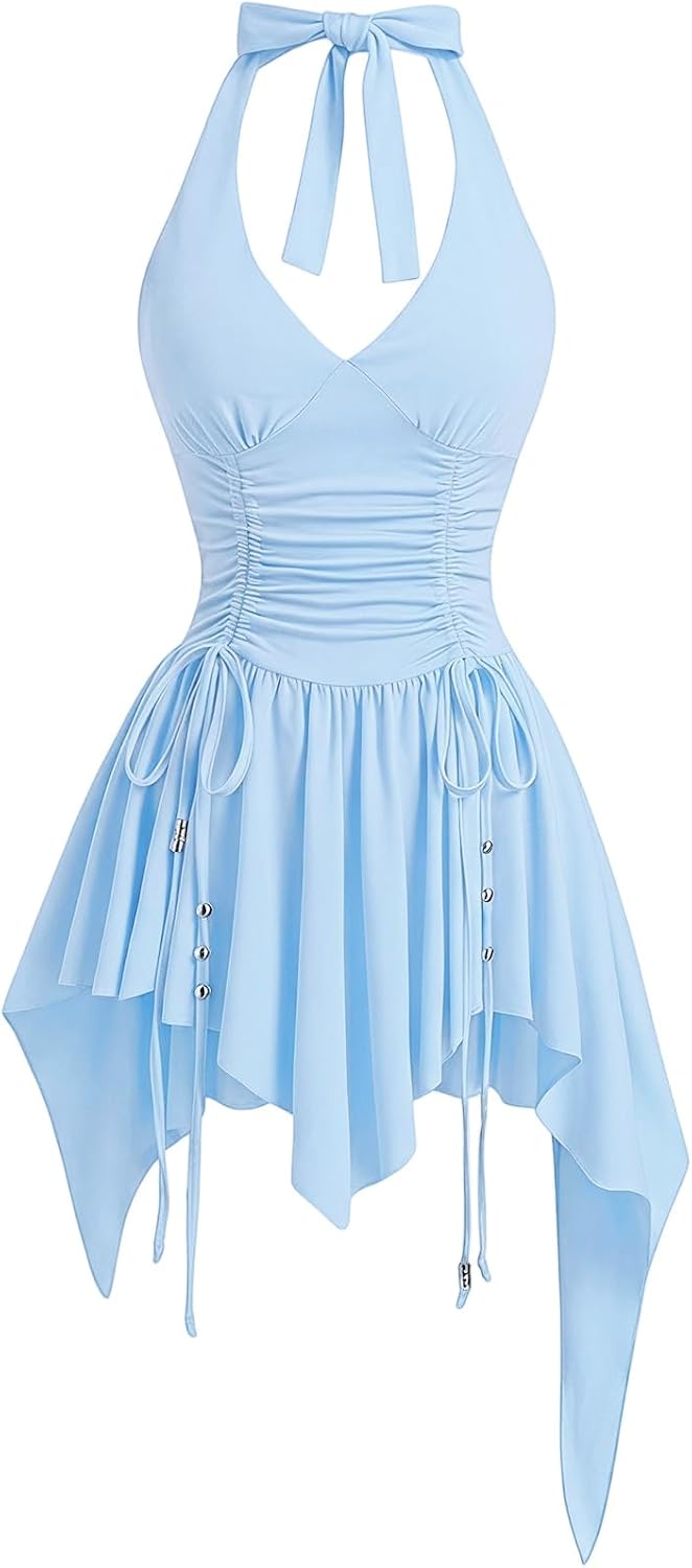 WDIRARA Women's Western Goth Halter Mini Dress Punk Ruched A Line Dresses | Cowgirl Country Concert Rodeo Dress,Asymmetrical,Beaded,Sleeveless, Ruffle,Halloween OutFit