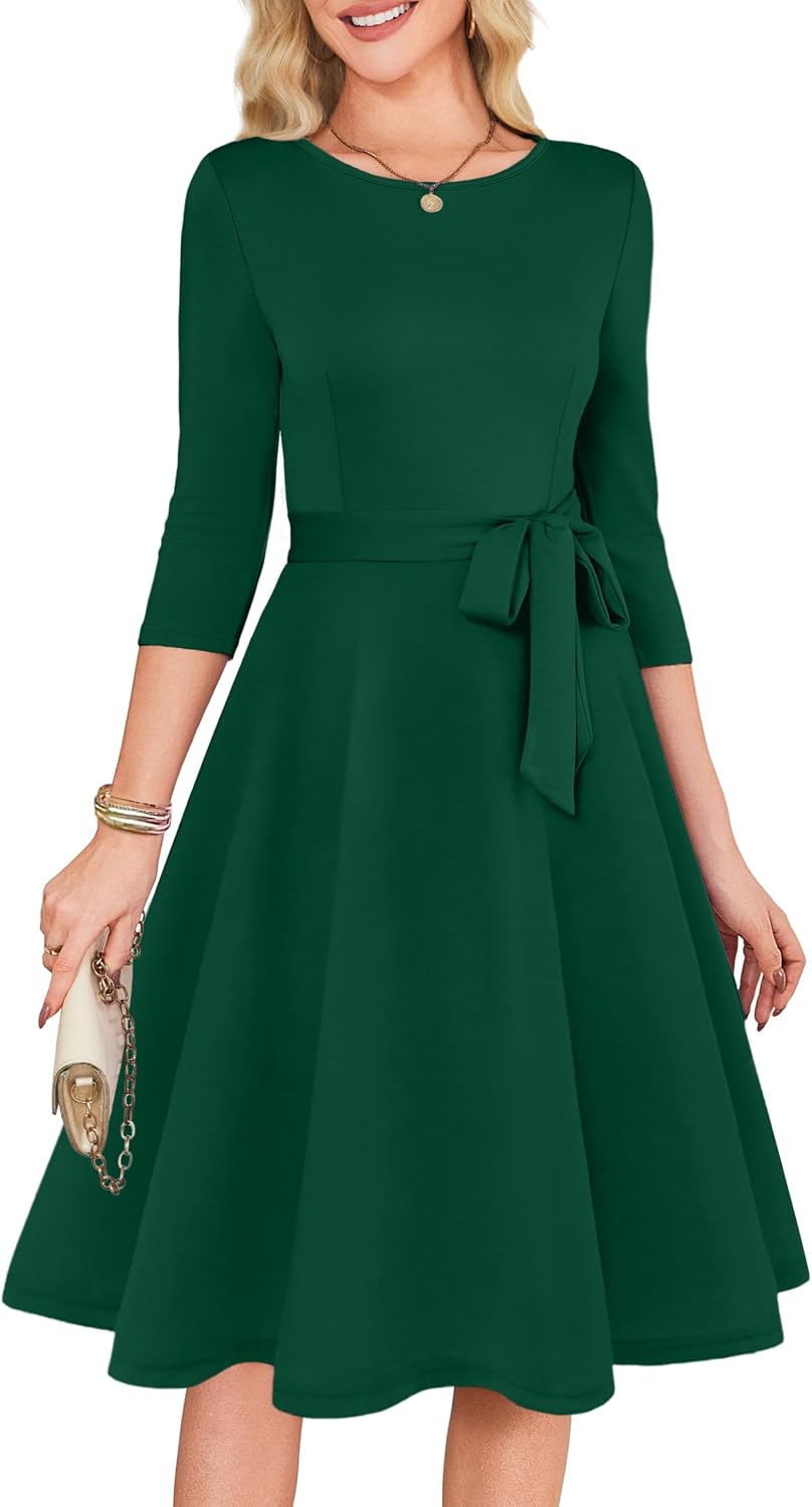 RUMIA Womens Cocktail Dresses 3\/4 Sleeve Dress with Belt (XS-3XL) | Wrinkle-resistant & Tummy-flattering Vintage Fit. Ideal for Wedding Guest, Church, Work, Vacation & Holiday events.