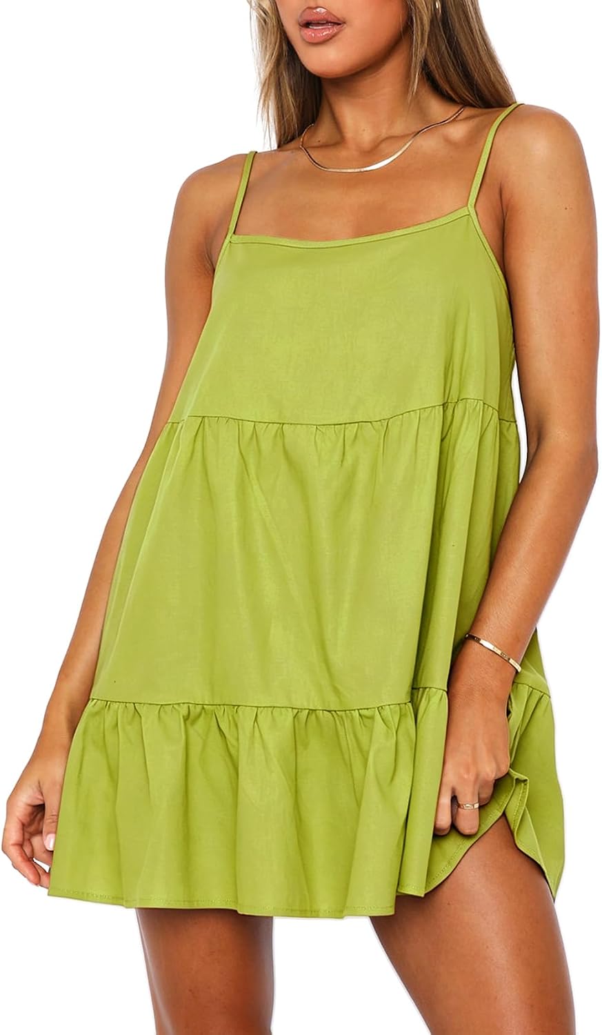 OZICERD Flowy Short Sundress Mini Babydoll Dresses for Women Going Out Tiered Ruffle Beach Spaghetti Strap Swing Dress Cute