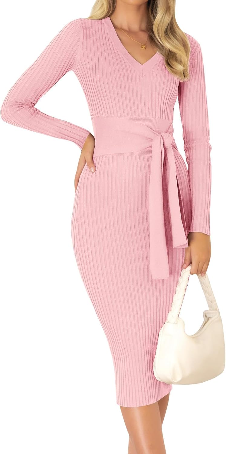 ZESICA Women's 2026 Fall Long Sleeve Bodycon Midi Sweater Dress | Winter Dresses, V Neck, Slimming, Ribbed Knit, Tie Waist, Classy, Holiday, Maternity, Elegant Wedding Guest Formal Dress