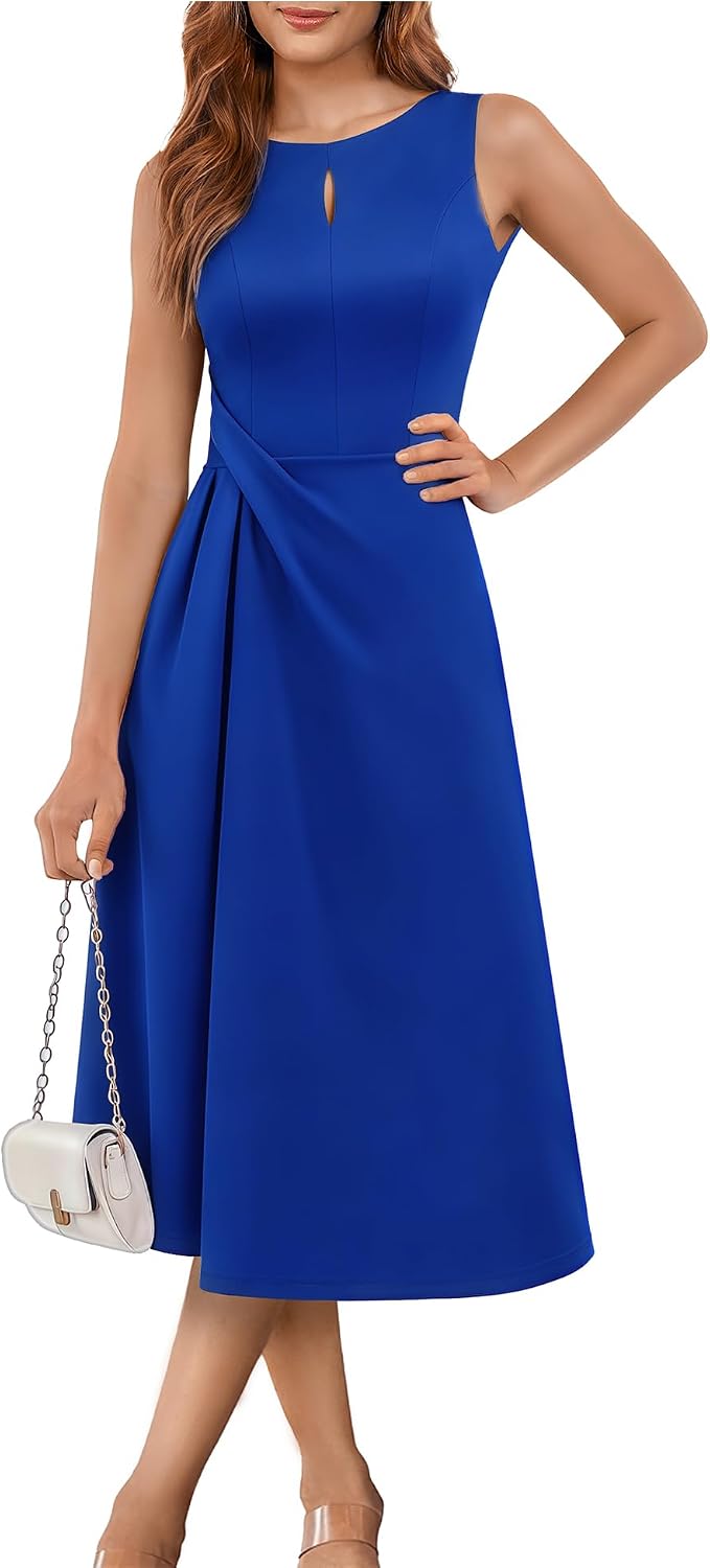 Aupuls Midi Wedding Guest Dresses for Women Formal Sleeveless Dress | Back V-neck, chest cut-out, ruched waist with A-line skirt that accentuates your waistline\u2014perfect for all formal occasions