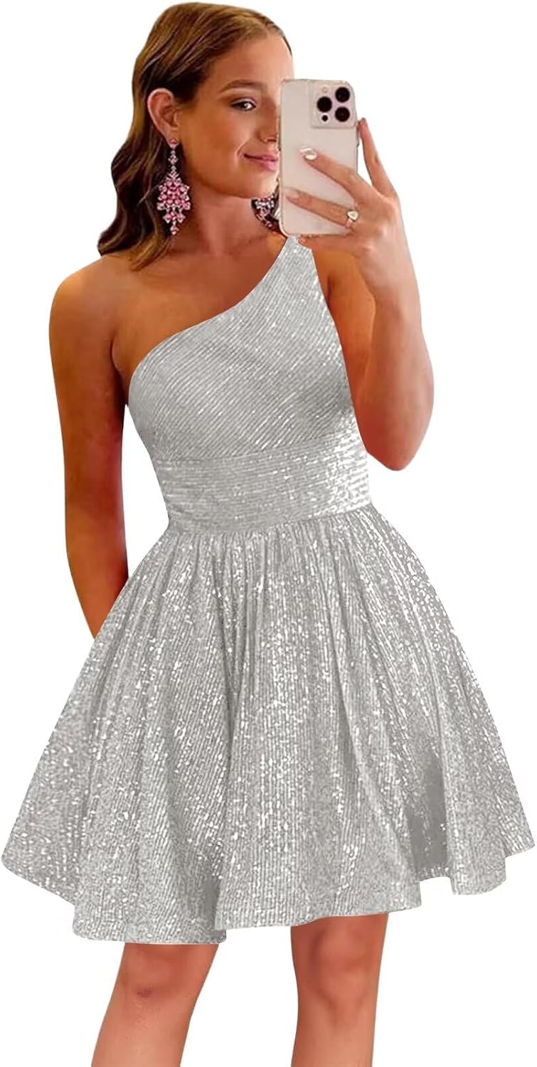 MstinGcc One Shoulder Sequin Sparkly Short Homecoming Dress for Teens 2026 | Glitter HOCO Dresses for Womens A-Line Prom Cocktail Party Dress Backless Sleeveless Corset Mini Gowns