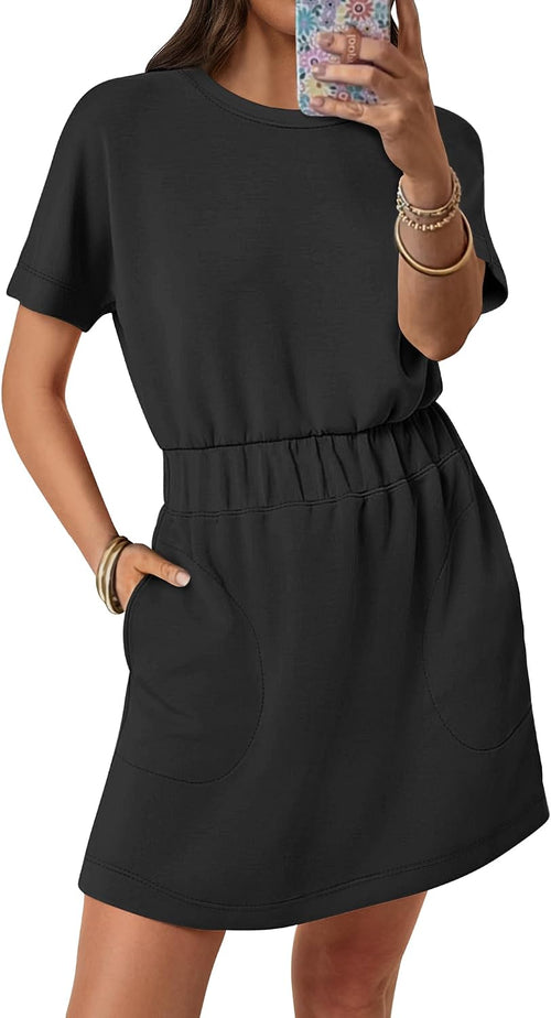 ANRABESS Womens Wrinkle Free Summer Casual Short Sleeve Mini T Shirt Dress | Air Layer Fabric, Crew Neck Elastic Waist Shirt Dresses with Pockets，Spring Daily Wear & Travel Vacation Outfits