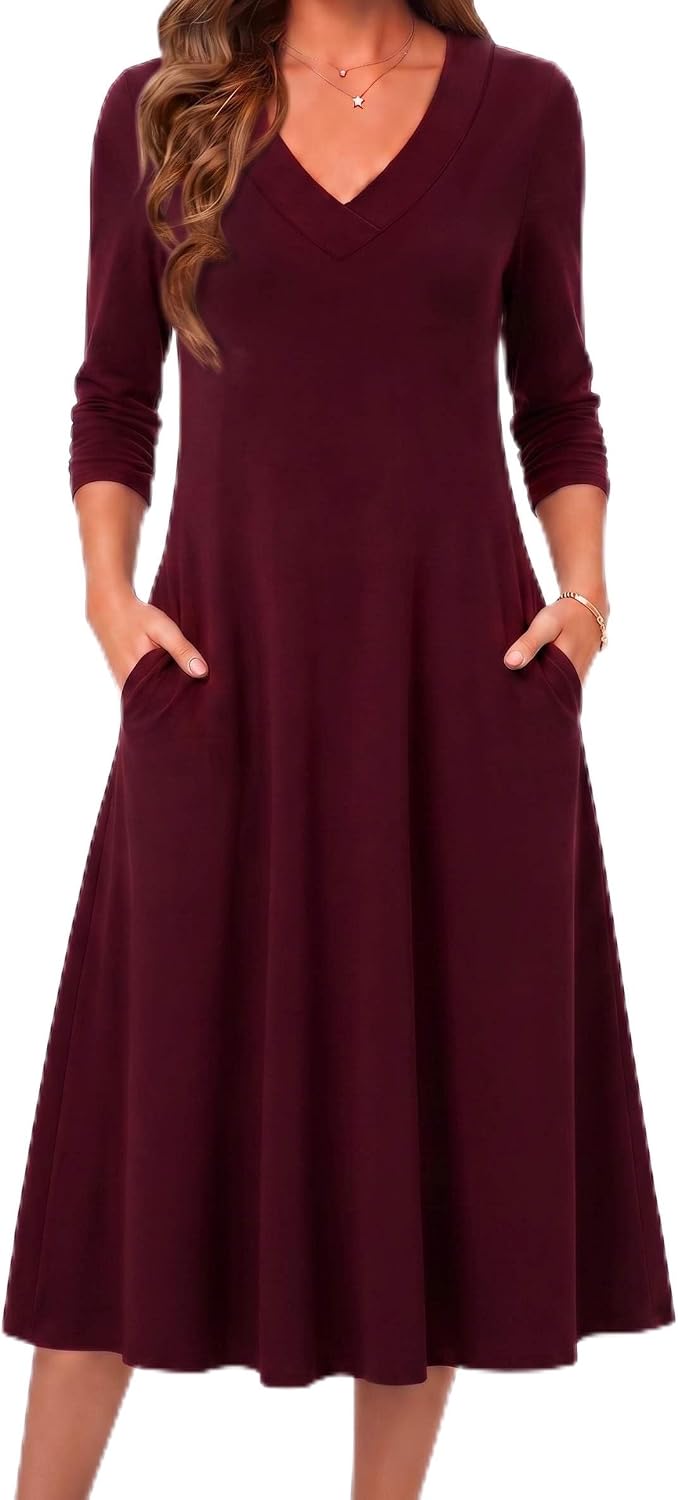 Zeagoo Dresses for Womens Long Sleeve Midi Dress Fall Casual A Line Dress | Fall Outfits 2026,V Neck Flare Dress with Pockets,Winter Long Dresses For Women,Floral Printed,Business Casual,Flowy Swing