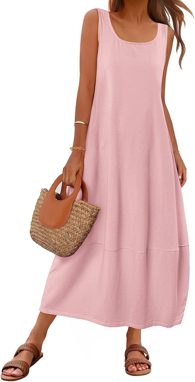 MEROKEETY Women's Summer Sleeveless Maxi Dress Beach Sundress | Casual Scoop Neck Tank Dress, Cotton, Boho Vacation, Loose Fit, Side Pockets, A-Line, Floral Long Dress, Spring Outfits