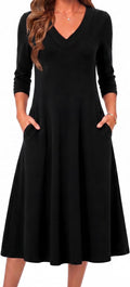 Zeagoo Dresses for Womens Long Sleeve Midi Dress Fall Casual A Line Dress | Fall Outfits 2026,V Neck Flare Dress with Pockets,Winter Long Dresses For Women,Floral Printed,Business Casual,Flowy Swing