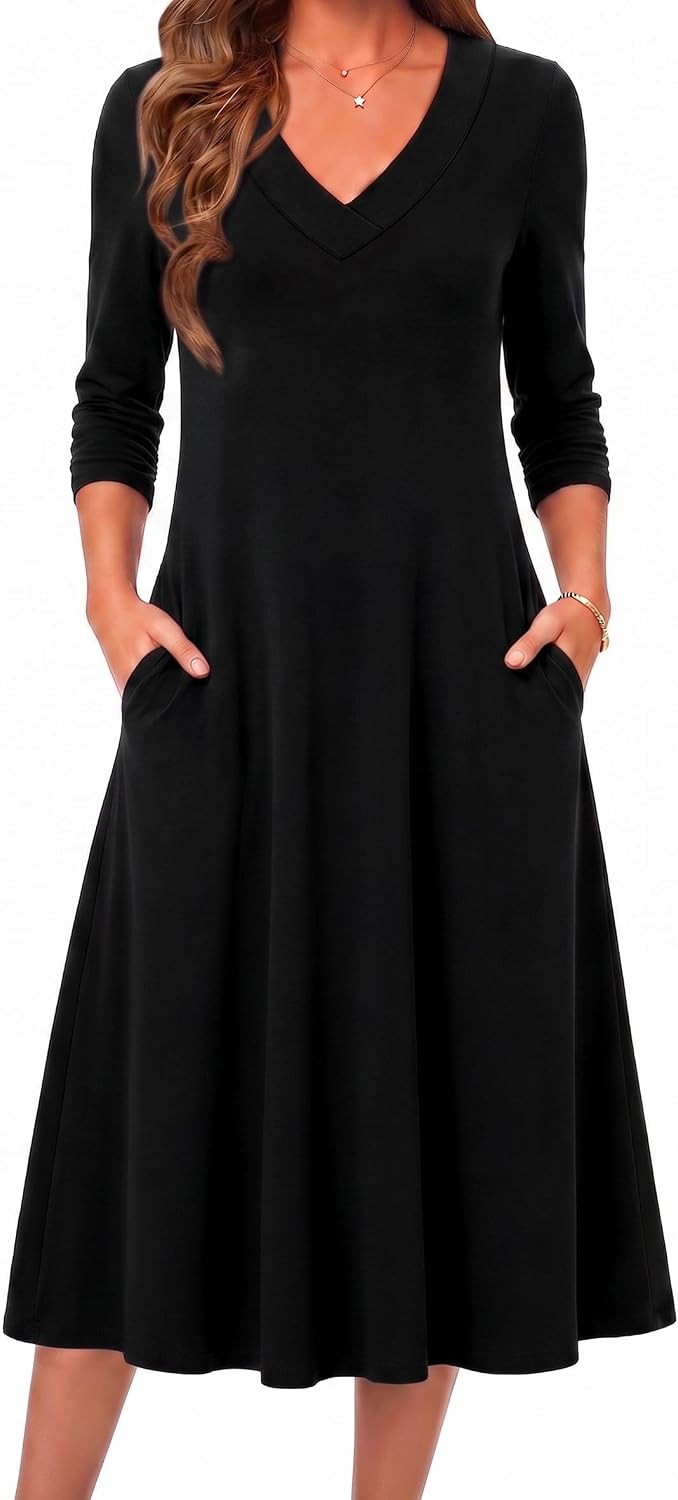 Zeagoo Dresses for Womens Long Sleeve Midi Dress Fall Casual A Line Dress | Fall Outfits 2026,V Neck Flare Dress with Pockets,Winter Long Dresses For Women,Floral Printed,Business Casual,Flowy Swing