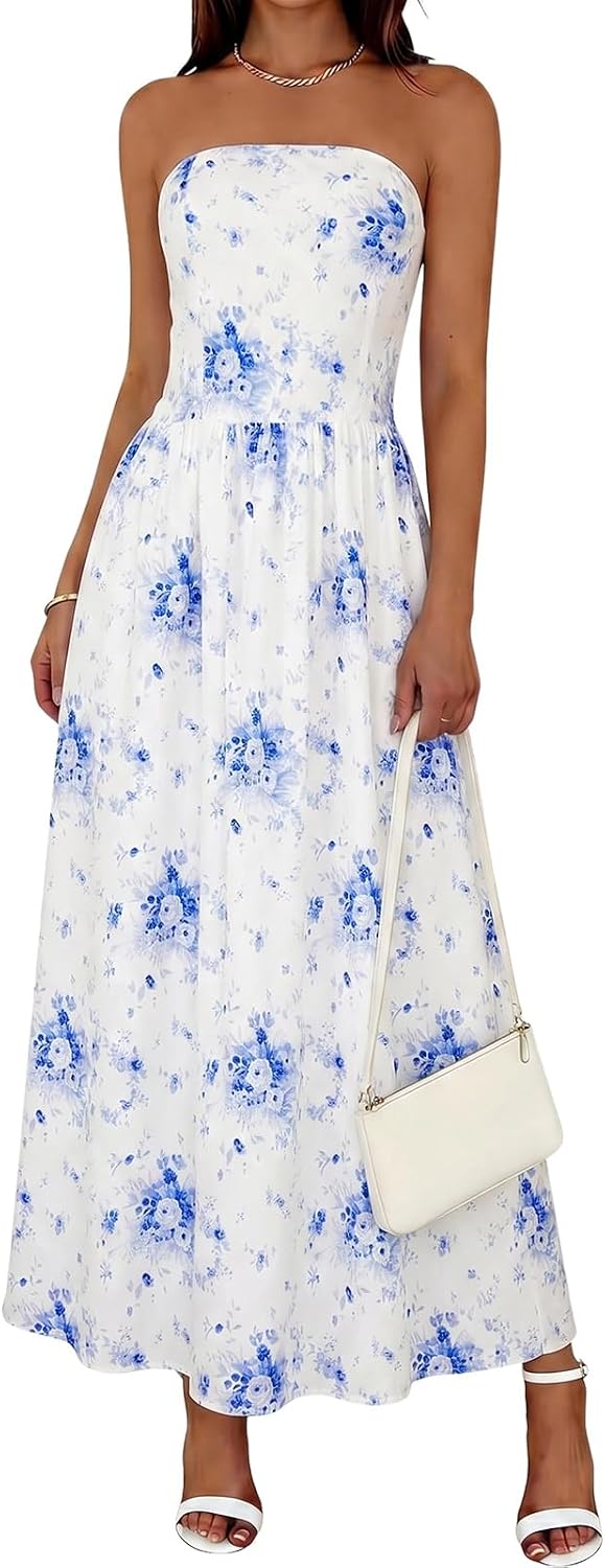 Wenrine Womens Strapless Maxi Dress Summer Polka Dot Long Tube Dresses | Polkadot, Tube Top, Sleeveless, A Line, Flowy, Fit and Flare, Beach, Vacation