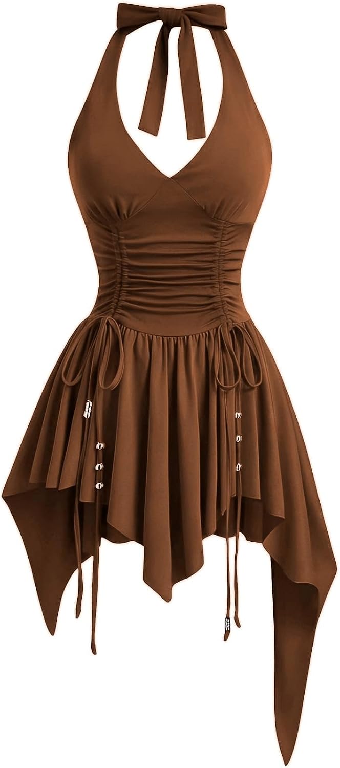 WDIRARA Women's Western Goth Halter Mini Dress Punk Ruched A Line Dresses | Cowgirl Country Concert Rodeo Dress,Asymmetrical,Beaded,Sleeveless, Ruffle,Halloween OutFit