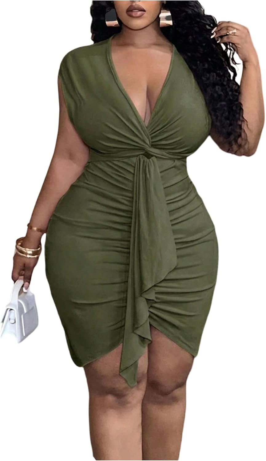 WDIRARA Women's Plus Size V Neck Bodycon Dress Twist Front Party Dresses | Ruched,,Twist Front, Sexy Date Night Dress, Club Outfits
