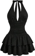 BEAUDRM Women's Sparkly Halter Mini Dress Y2k Glitter Ruffle Dresses | Layered, Tie Backless, A Line, Date Night, Going Out Dresses, Party Club Dress