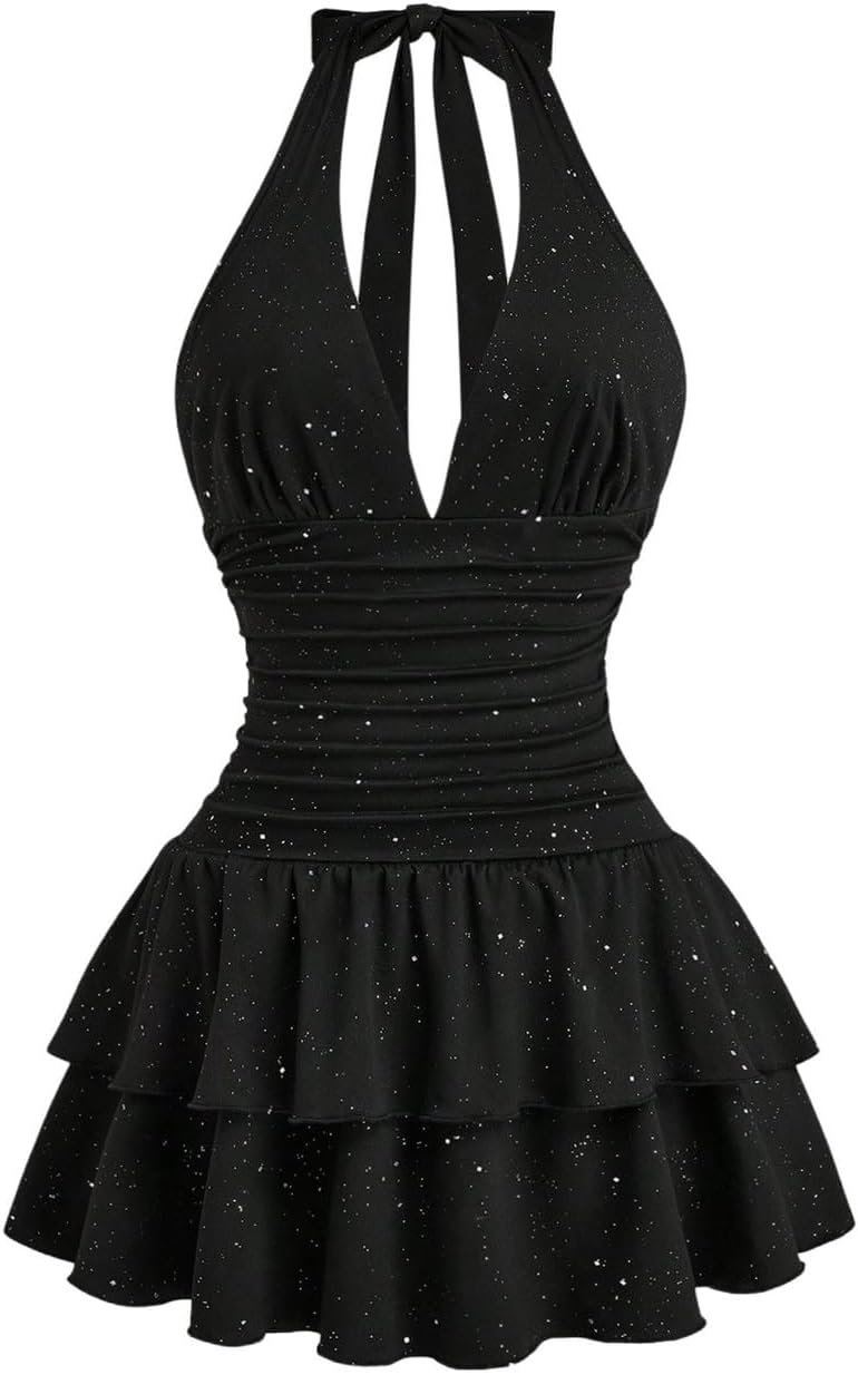 BEAUDRM Women's Sparkly Halter Mini Dress Y2k Glitter Ruffle Dresses | Layered, Tie Backless, A Line, Date Night, Going Out Dresses, Party Club Dress