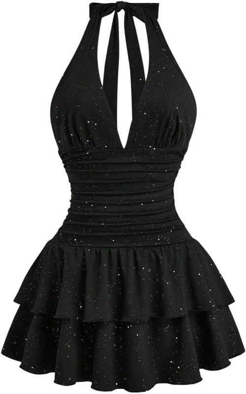 BEAUDRM Women's Sparkly Halter Mini Dress Y2k Glitter Ruffle Dresses | Layered, Tie Backless, A Line, Date Night, Going Out Dresses, Party Club Dress