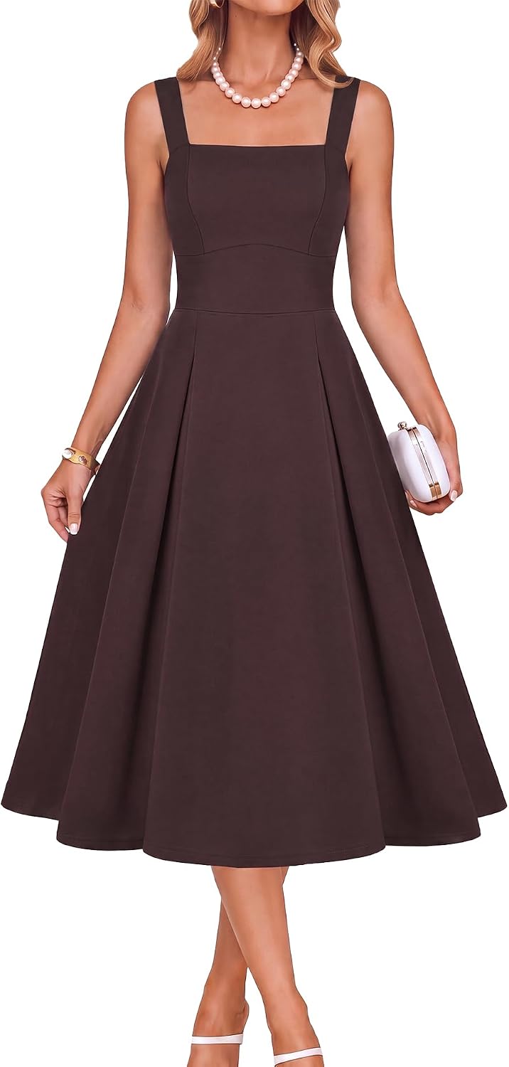 Belle Poque Womens Midi Dress Square Neck Wedding Guest Dresses | A Line, Pockets, Pleated, Fit and Flare, Semi Formal Elegant Dress for Cocktail, Party, Birthday, Date Night, Holiday