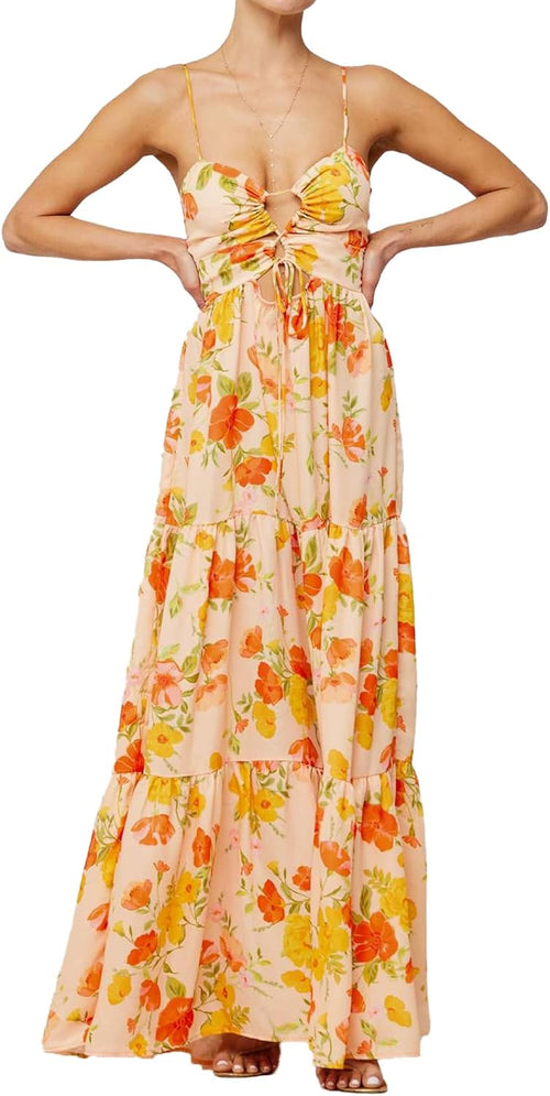 ABYOVRT Women Floral Maxi Dress Tie Front Cut Out Backless Boho Spaghetti Strap Summer Beach Sundress